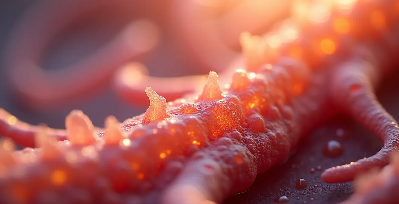 Vista ravvicinata di villi intestinali con texture organiche che evocano l'asse intestino-cervello